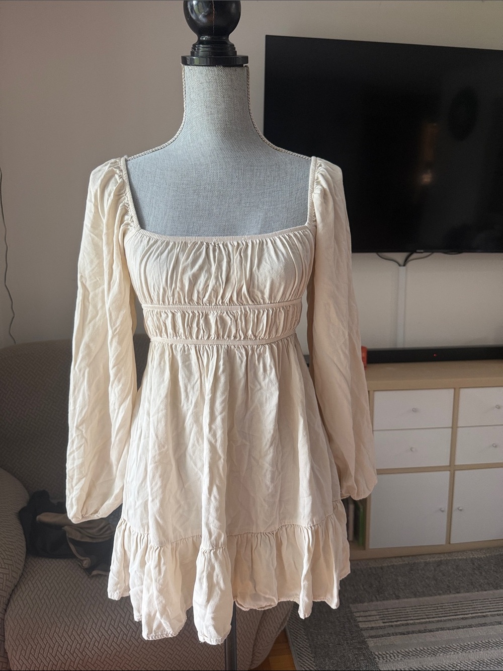 Cream Long-Sleeve Babydoll Mini Dress